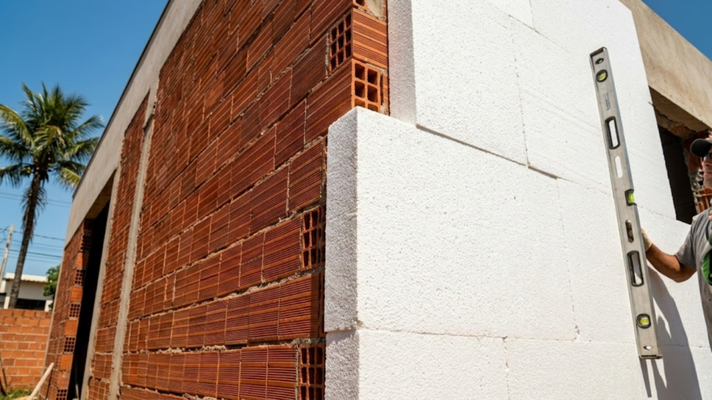 Instalação de placas de EPS em parede de tijolos sob sol forte