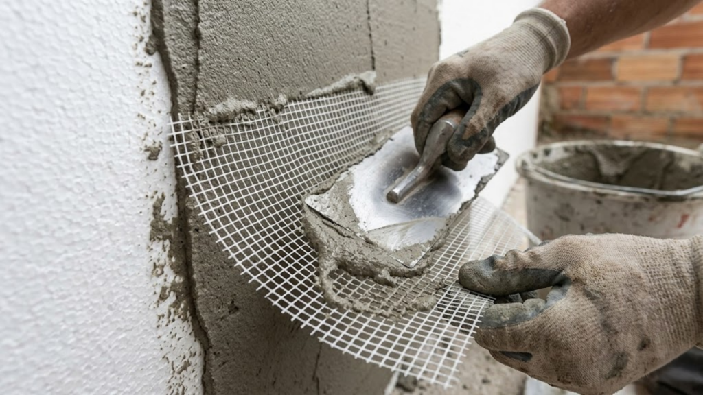 Mão aplicando tela e argamassa sobre placa de isopor em detalhe