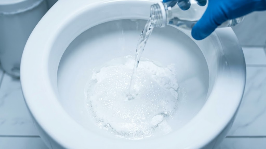 Reação efervescente de vinagre e bicarbonato no fundo do vaso