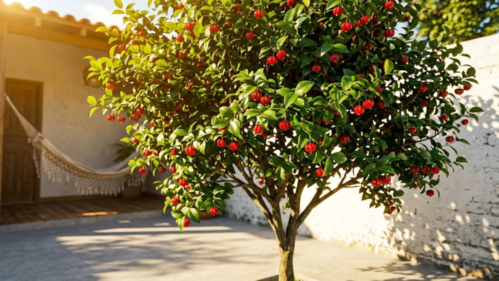 Pitangueira carregada sob a luz dourada em quintal brasileiro