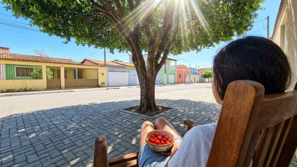 Sombra fresca de pitangueira em calçada preservada e pacífica