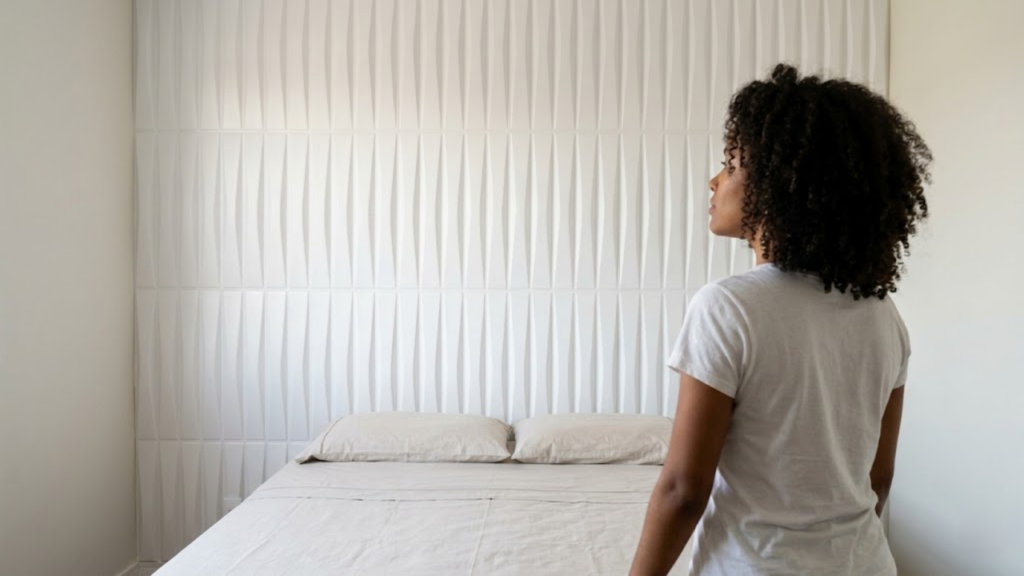 Mulher admirando sua nova parede 3D finalizada no quarto iluminado