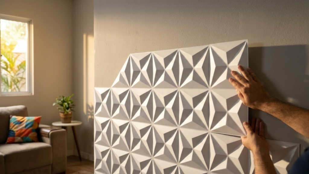 Parede ganhando placas 3D brancas sob luz solar quente e acolhedora