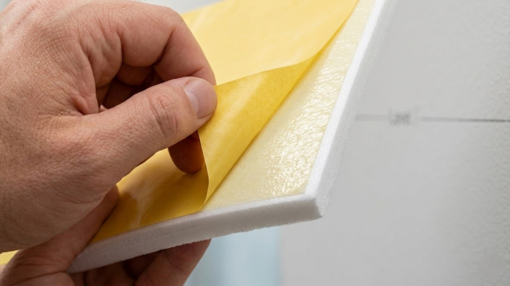 Mão retirando a película adesiva da placa 3D em detalhe macro