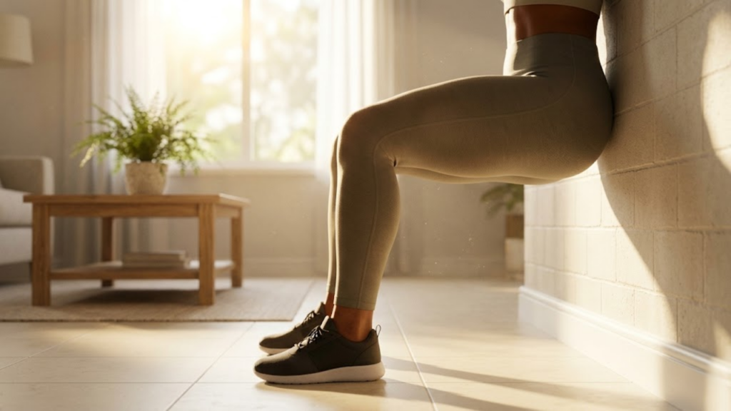 Agachamento isométrico perfeito na parede sob luz solar matinal