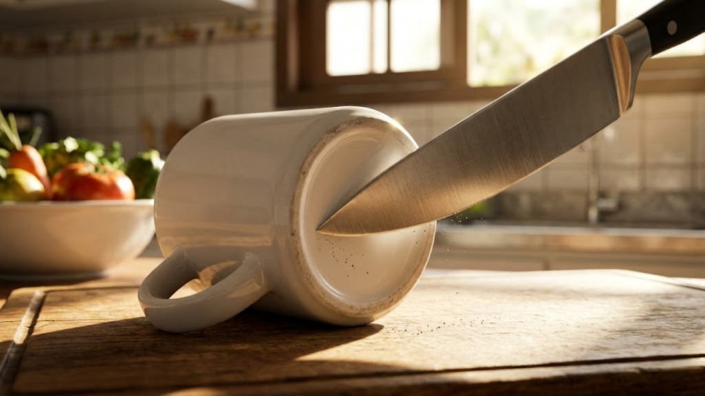 Faca de aço sendo afiada no fundo de uma caneca sob luz solar.