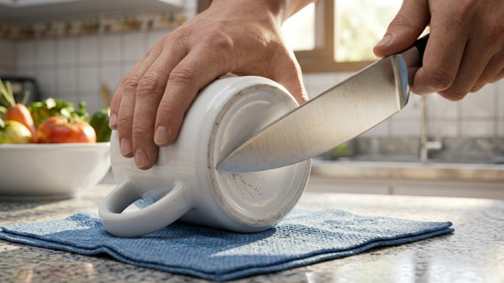 Detalhe macro do ângulo de 20 graus entre a lâmina e a cerâmica