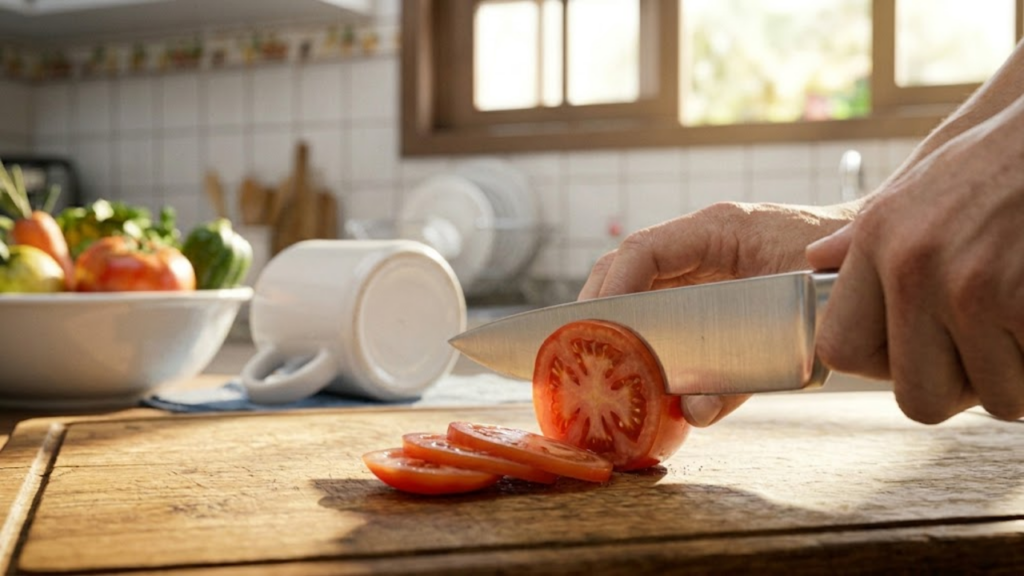 Faca afiada fatiando tomate com perfeição em cozinha iluminada