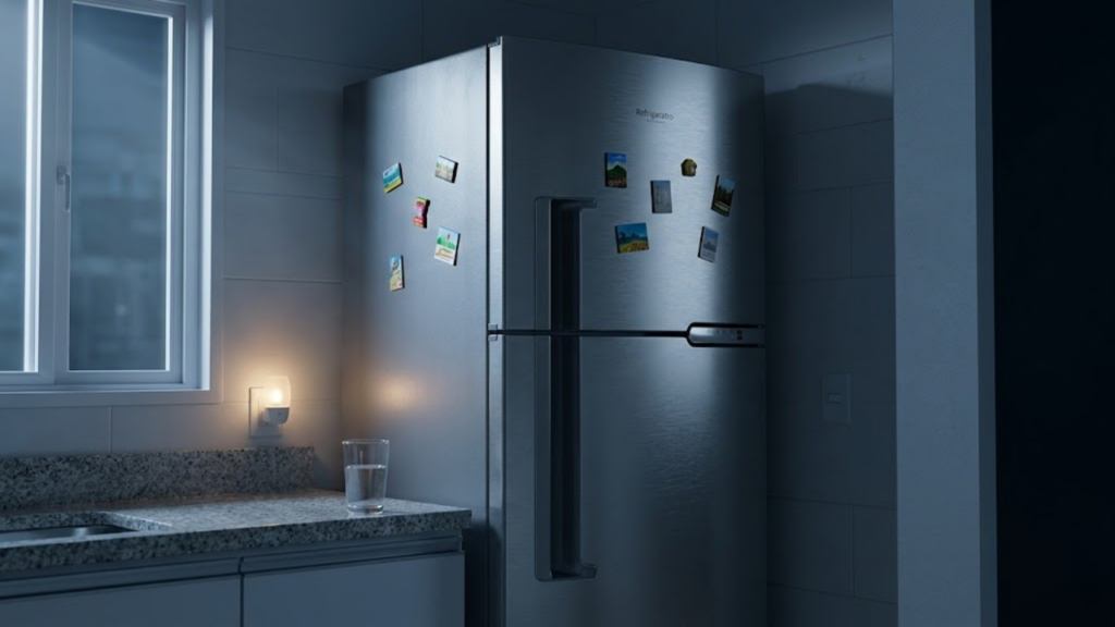 Geladeira em cozinha noturna banhada pela luz da lua e silêncio