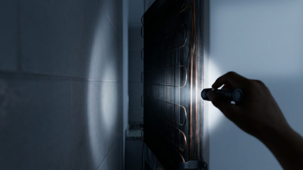 Lanterna iluminando a parte traseira da geladeira na escuridão