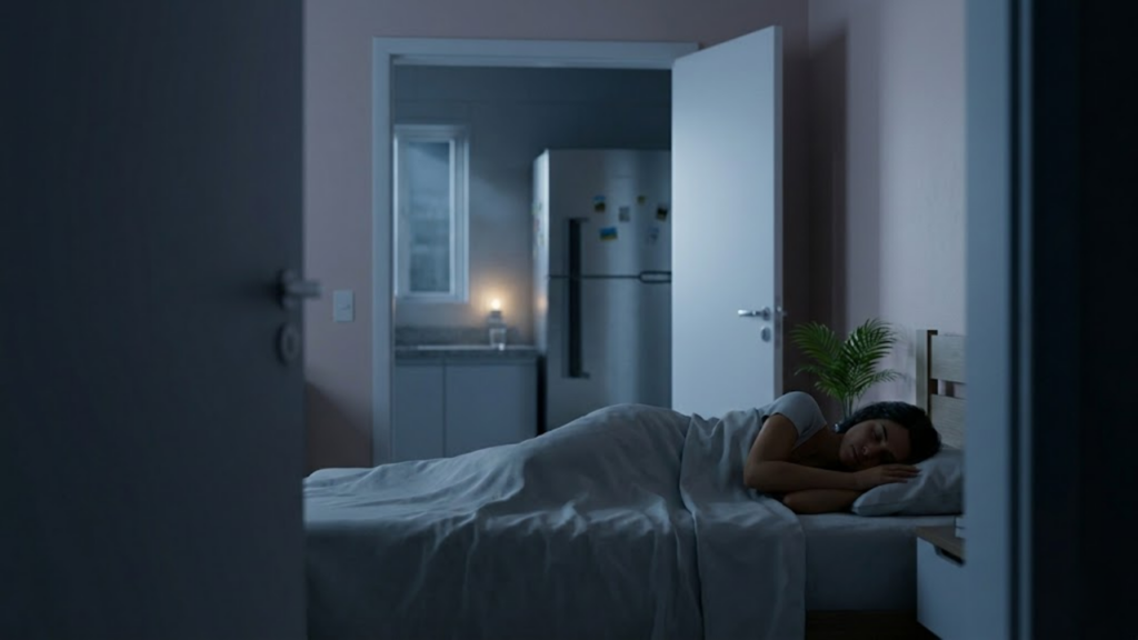 Pessoa dormindo tranquila com a geladeira visível ao fundo