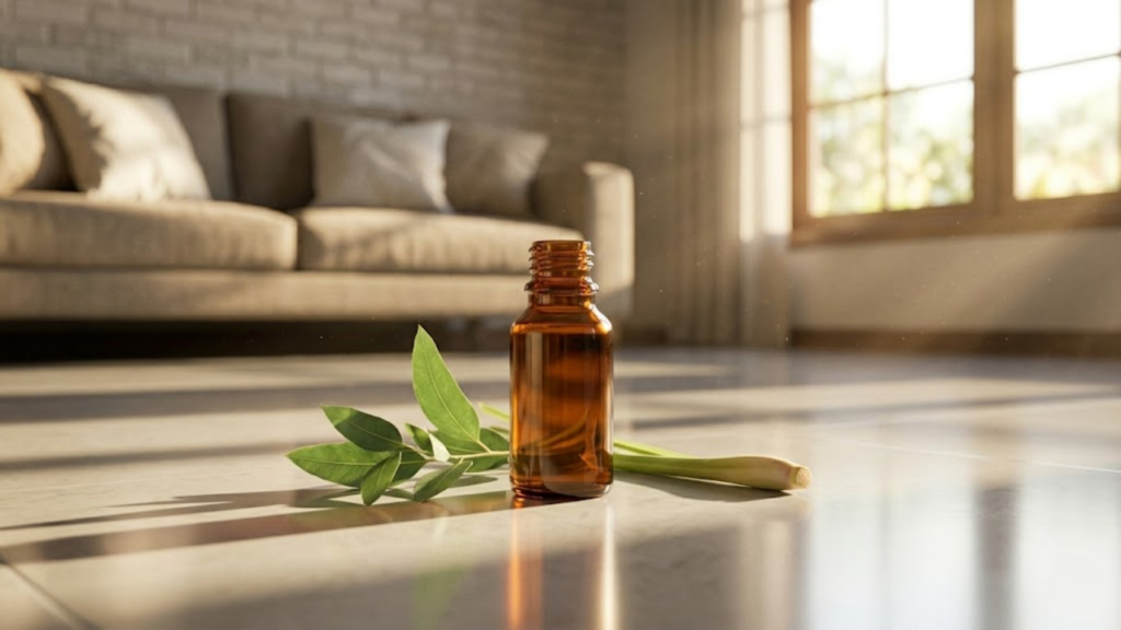 Frasco de óleo essencial em piso brilhante sob luz solar quente