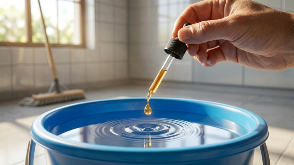 Gota de óleo essencial caindo na água do balde em detalhe macro