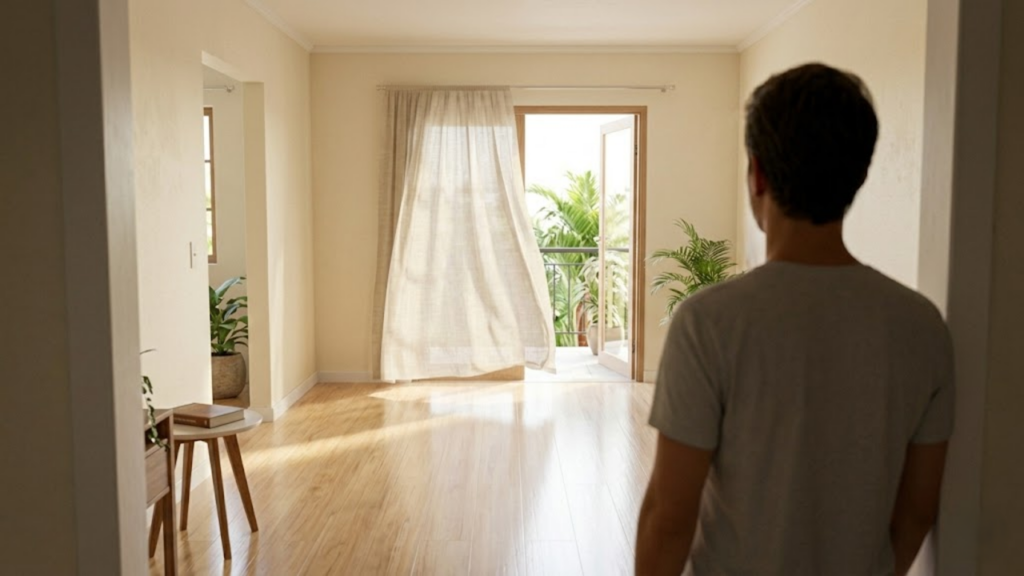 Sala de estar arejada e perfumada com piso de madeira brilhante