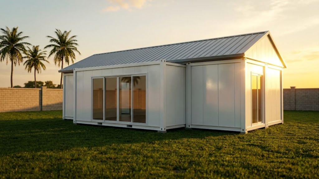 Casa container branca expandida sob o pôr do sol no campo