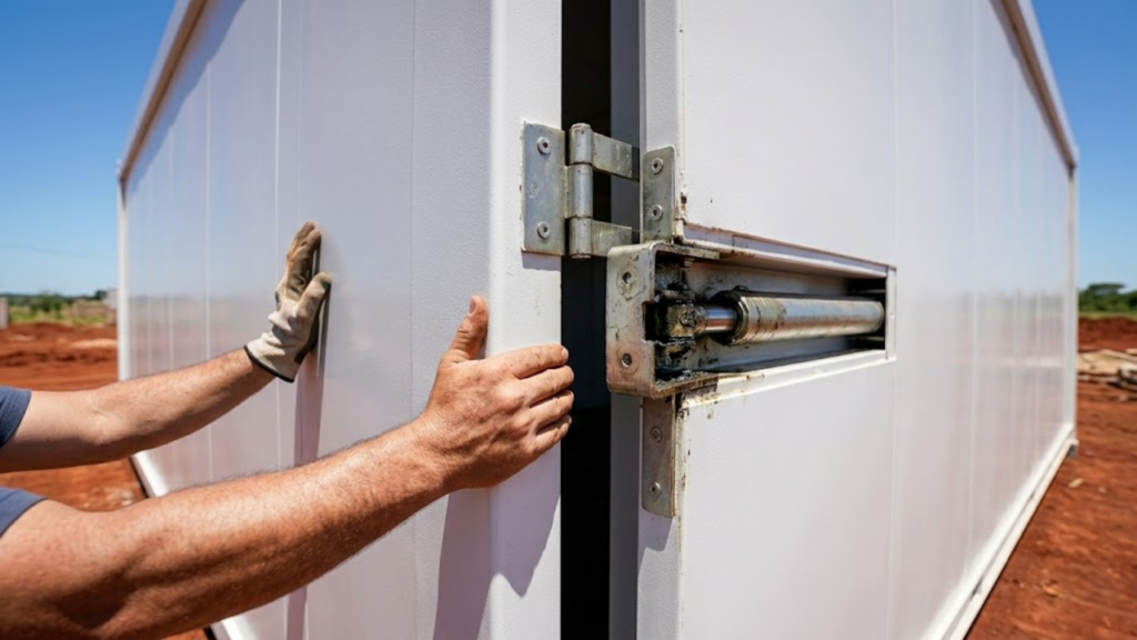 Mãos expandindo a parede de aço da casa container na obra