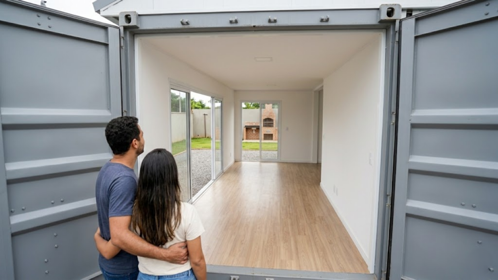 Casal admirando o interior moderno da casa container pronta