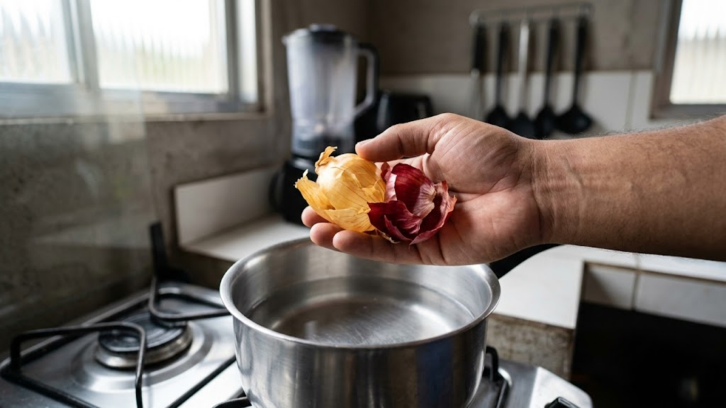 Visão em primeira pessoa segurando cascas de cebola prontas para ir à panela