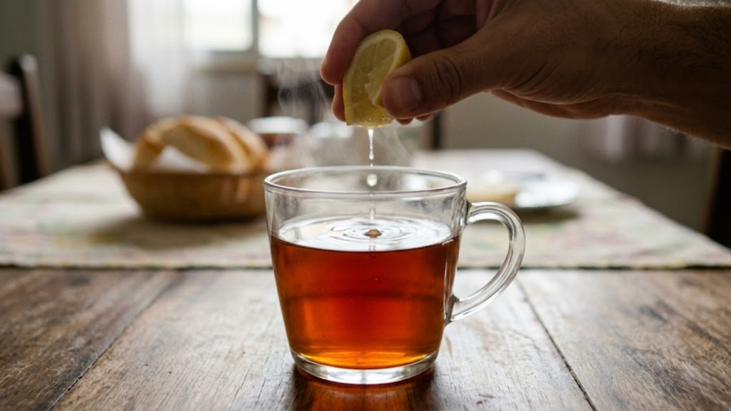 POV de uma xícara de chá morno recebendo gotas de limão fresco