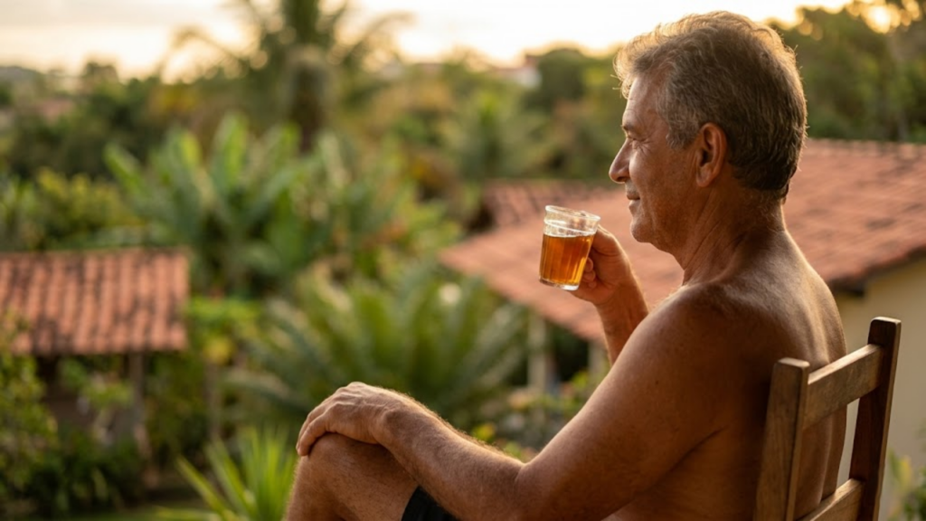 Senhor relaxado toma chá na varanda durante o pôr do sol