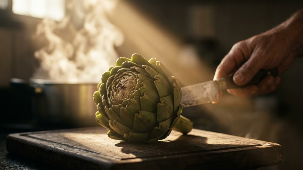 Alcachofra fresca iluminada por luz tropical em cozinha brasileira, prometendo saúde