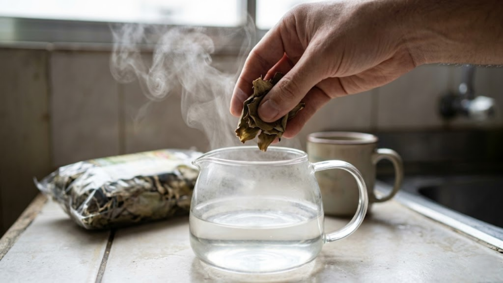 POV de mão preparando chá de folhas de alcachofra em bule de vidro com vapor