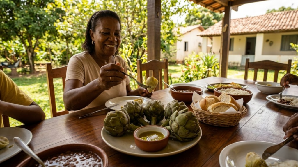 Família brasileira compartilha refeição com alcachofra cozida em varanda