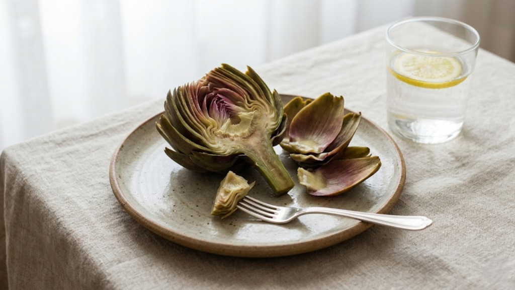 Coração de alcachofra cozido e pronto para consumo em prato de cerâmica