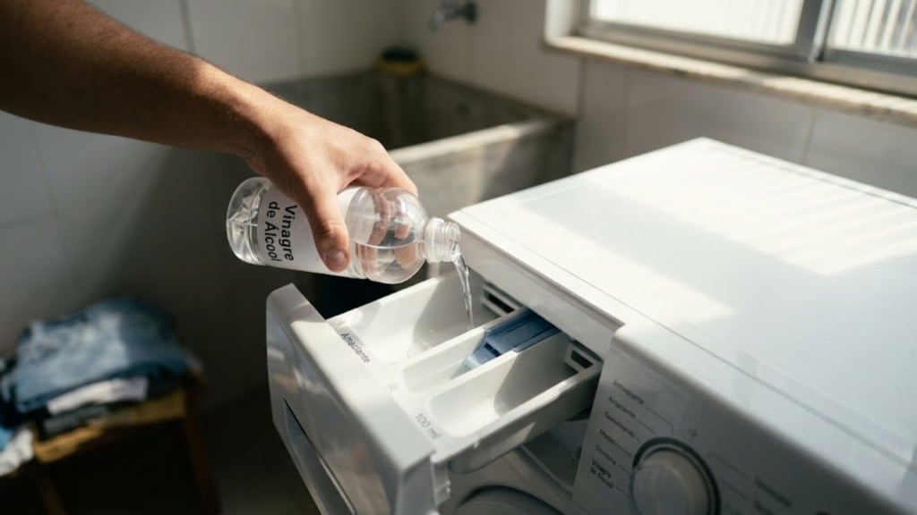 Mão despeja vinagre de álcool no compartimento de amaciante da máquina de lavar
