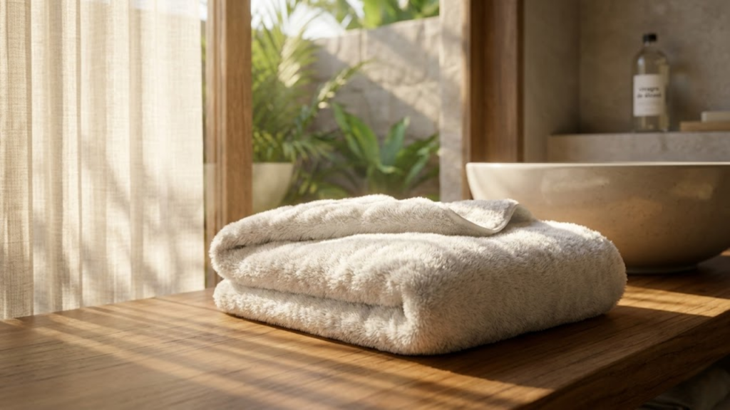 Toalha branca de banho felpuda dobrada em banheiro ensolarado e confortável