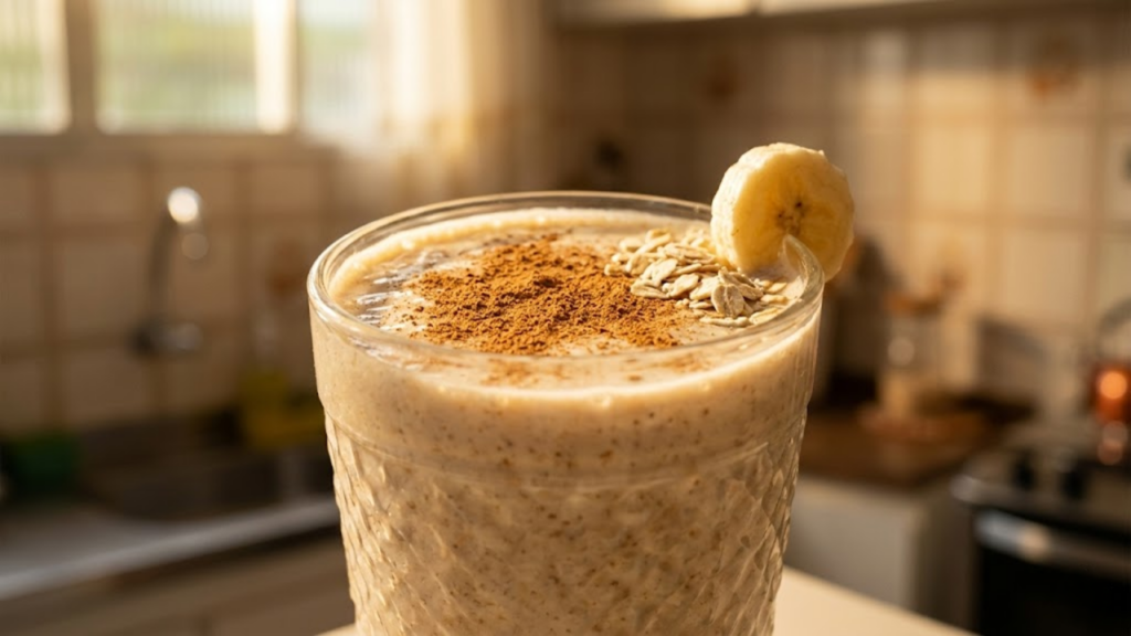 Copo cremoso de vitamina de aveia, banana e canela polvilhado com sabor
