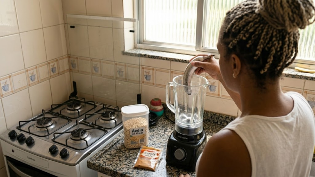 Mulher brasileira (de costas) colocando banana prata madura no liquidificador ensolarado