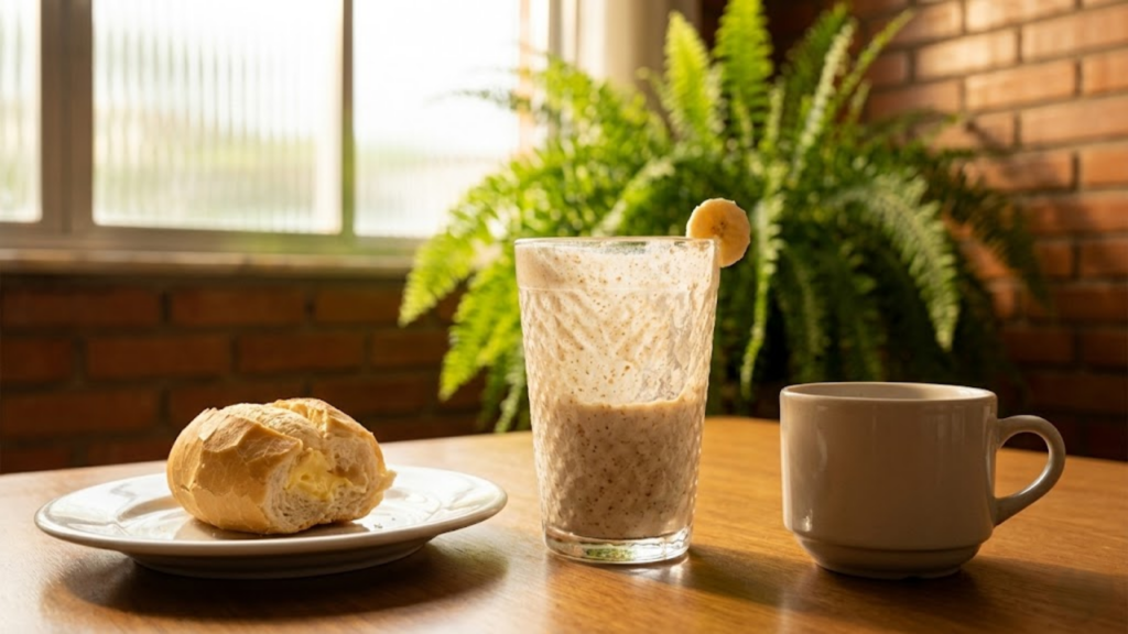 Copo de vitamina com pão na chapa intocado na mesa de café da manhã