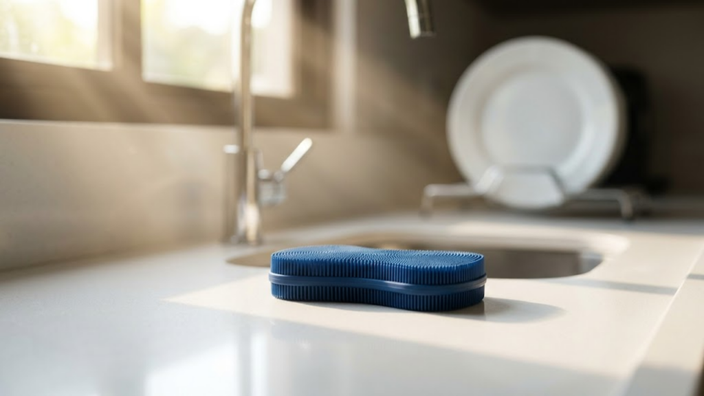 Esponja de silicone azul brilha sobre bancada de quartzo sob luz tropical.