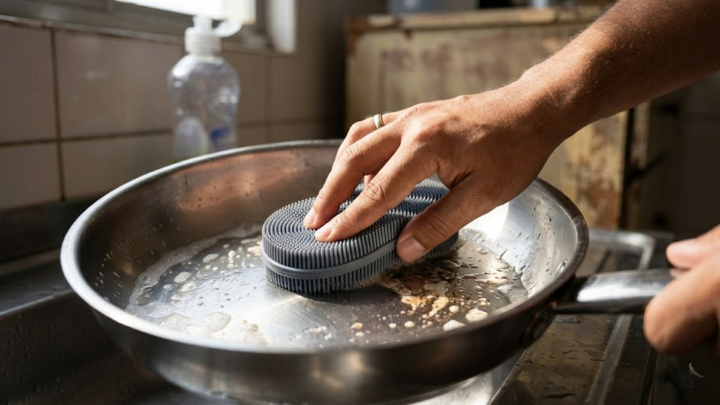 POV: Mão com aliança esfregando panela de aço com esponja de silicone e água