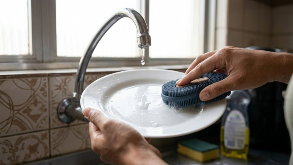 Aplicando detergente líquido direto no prato molhado com a esponja