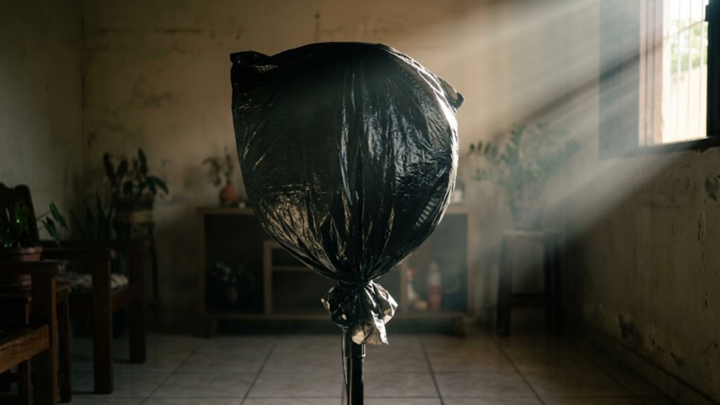 Ventilador de coluna coberto por saco de lixo preto brilhante em sala brasileira ensolarada