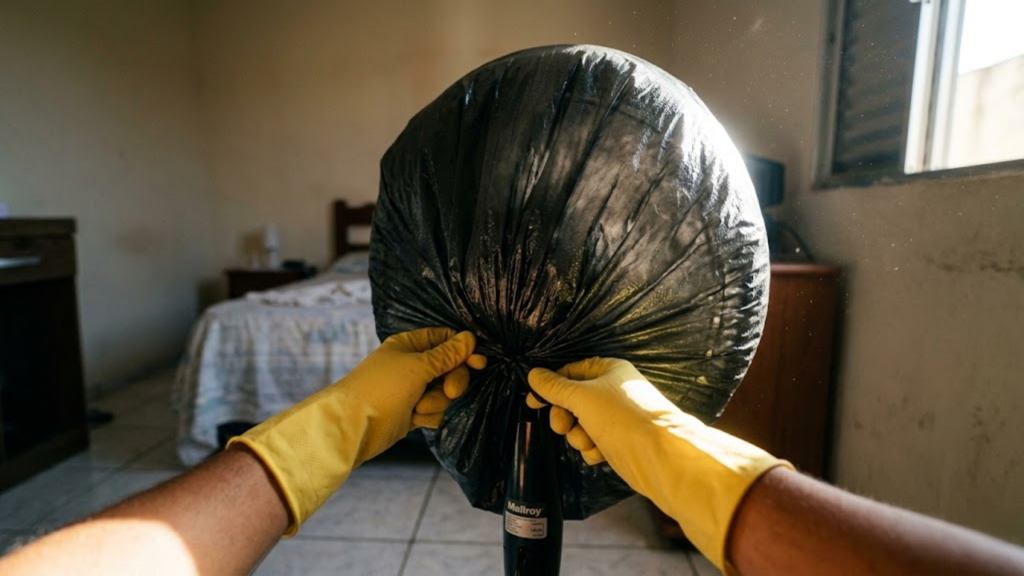 POV: Mão com luva borrifando efervescência caseira na hélice de ventilador