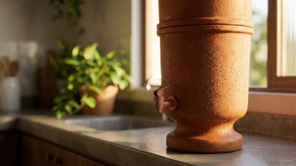 Filtro de barro brilhando em cozinha brasileira com luz natural