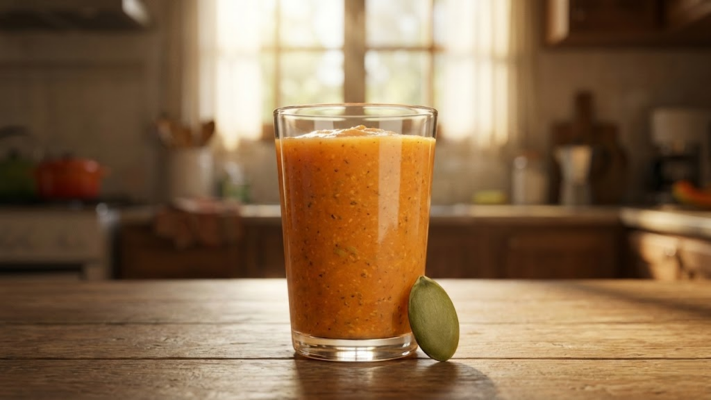 Vitamina cremosa de mamão e semente de abóbora pronta, iluminada pelo sol