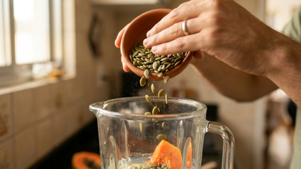 Mão adicionando sementes de abóbora secas no liquidificador ligado