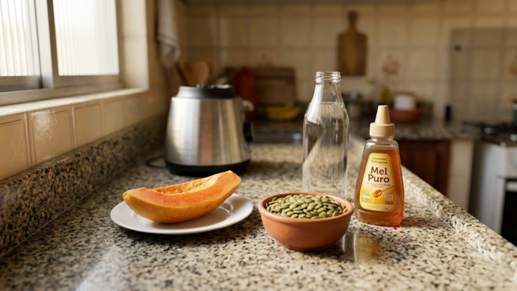 Ingredientes da vitamina (mamão, sementes, água, mel) organizados na bancada de granito