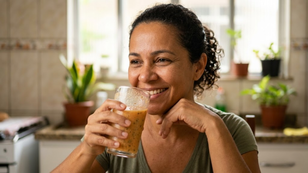 Mulher sorri de alívio segurando o copo da vitamina natural na cozinha
