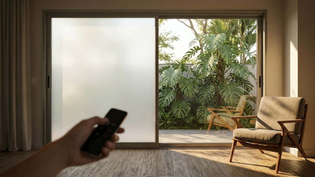 Vidro dividindo metade opaco e transparente na sala.