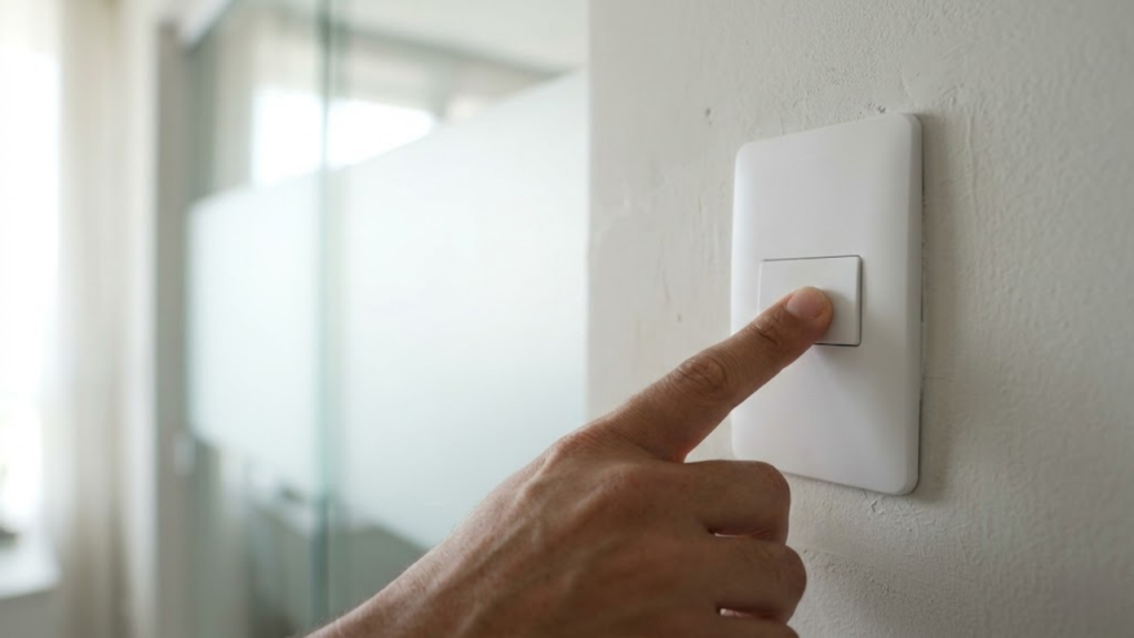 Dedo apertando interruptor com vidro opaco ao fundo.