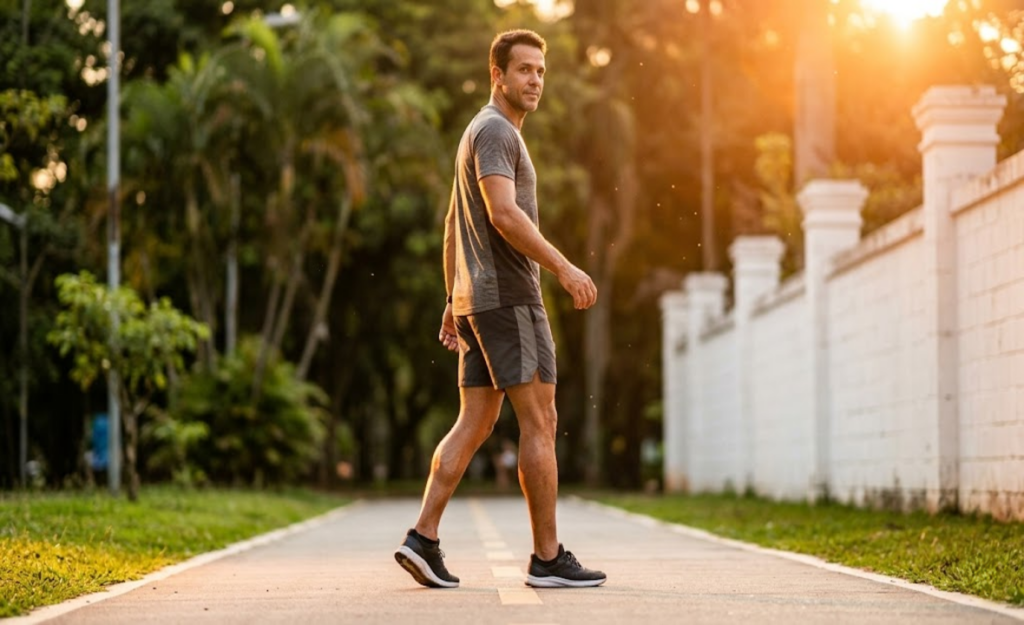 Homem caminha de costas no parque sob luz dourada intensa