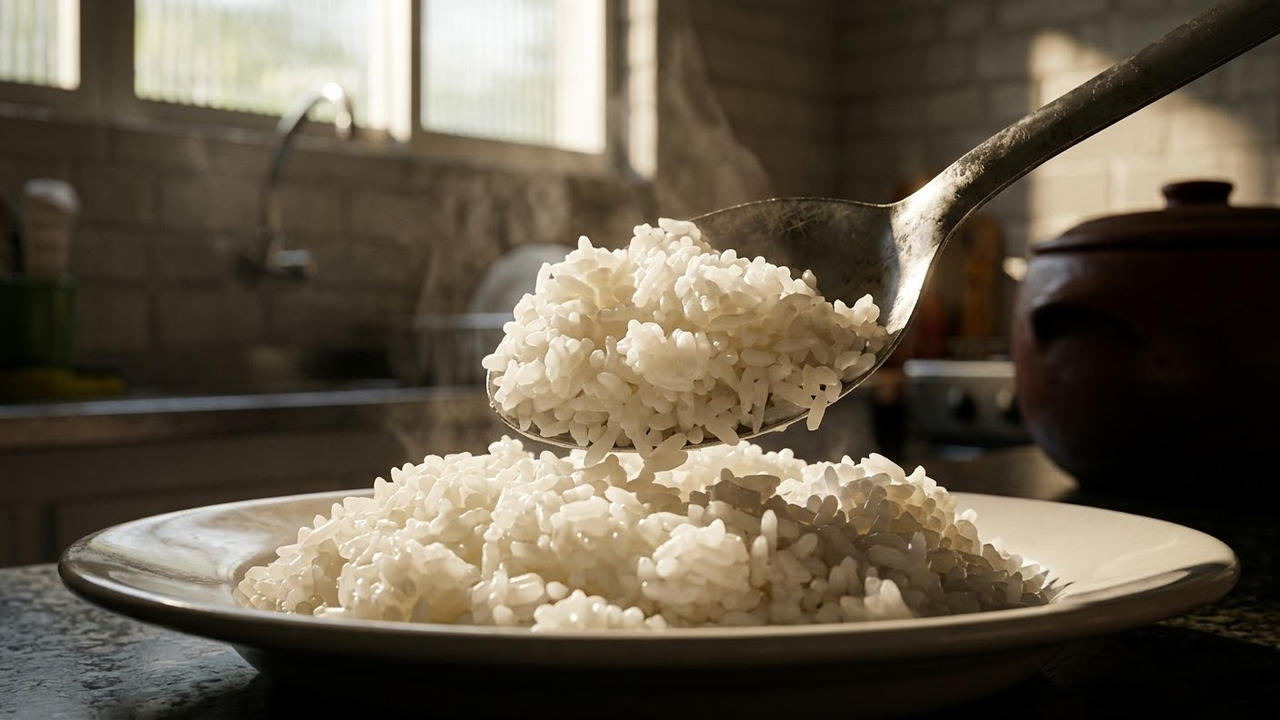 Porção de arroz branco fumegante servida em prato tradicional brasileiro