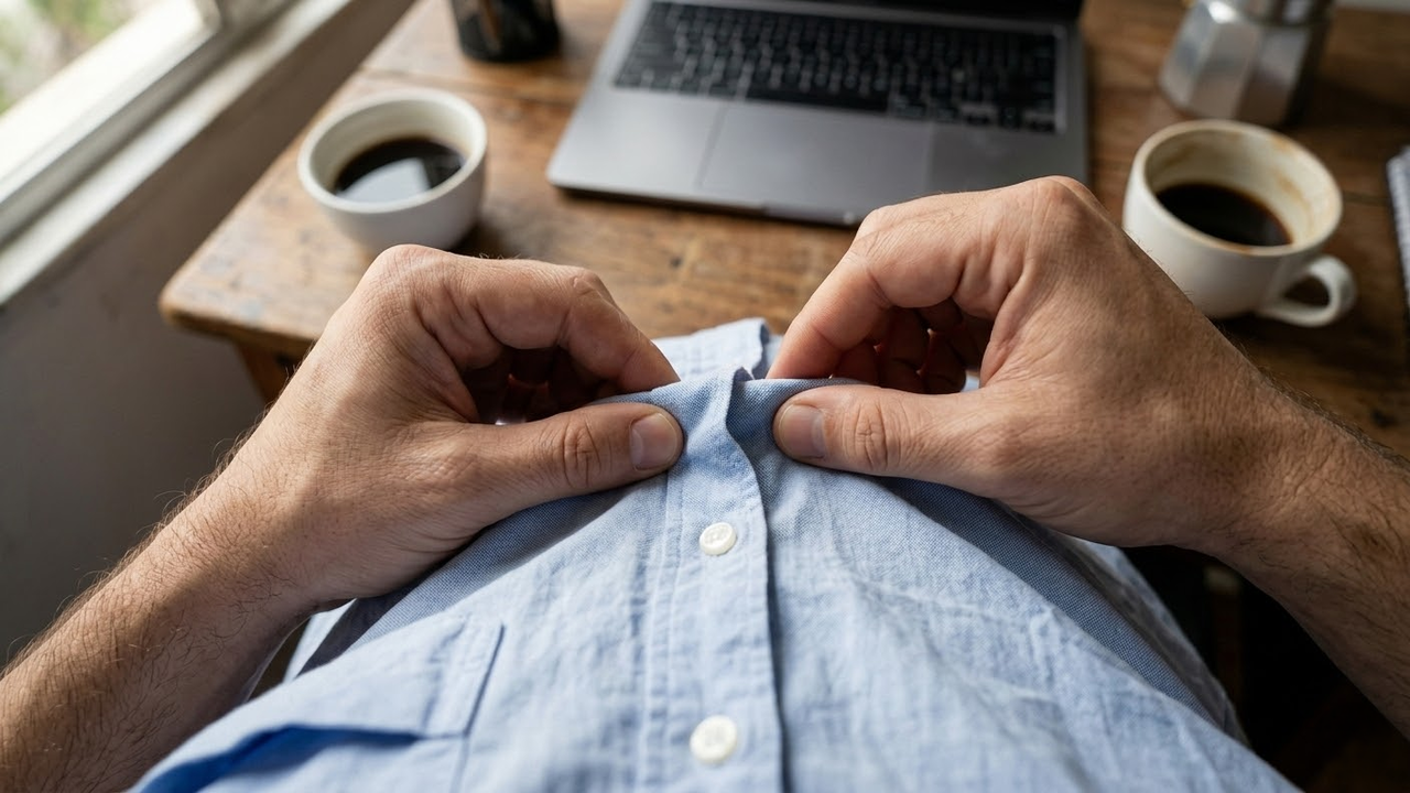 Visão em primeira pessoa de mãos medindo gordura abdominal no trabalho.