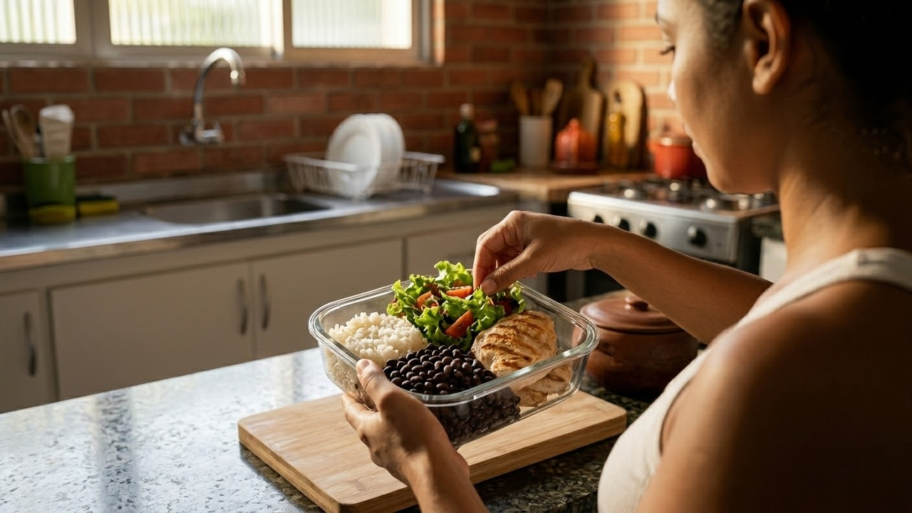 Mulher preparando marmita saudável com porção controlada de arroz