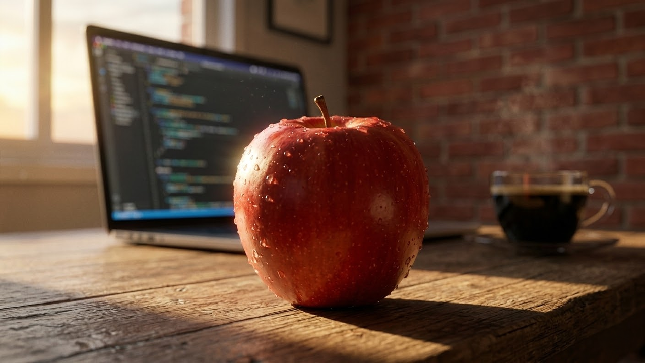 Maçã vermelha fresca iluminada pelo sol em mesa de trabalho no Brasil